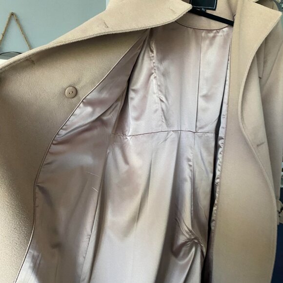 EVER NEW Tan Long Line Felt Wool Like Double Breast Belted Trench Coat Size 6 - Picture 4 of 10